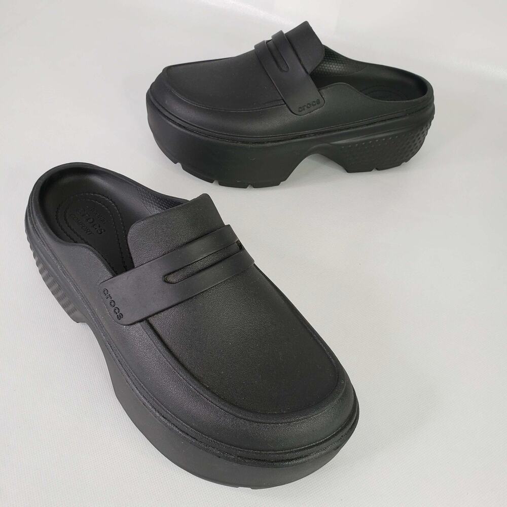 Crocs Stomp Penny Loafers Slides Mules Black Chunky Platform Shoes Womens 9